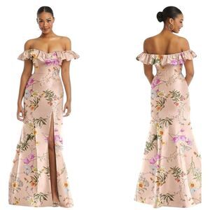 NWT Alfred Sung Dress Off-the-Shoulder Ruffle Neck Floral Satin Trumpet Gown 6